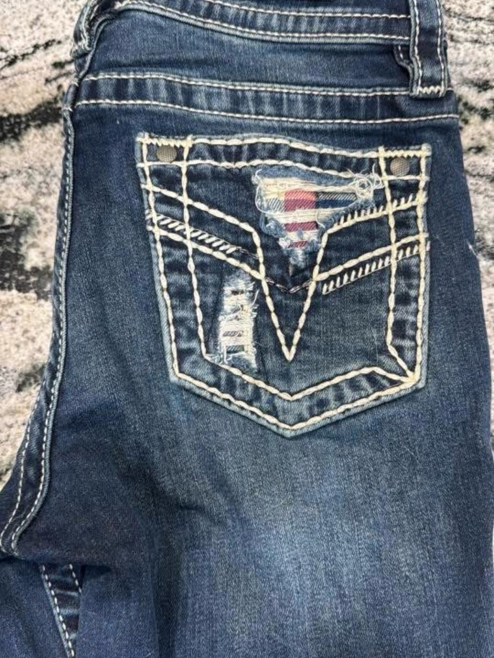 Womens Dark Blue Embroidered Pocket Jeans